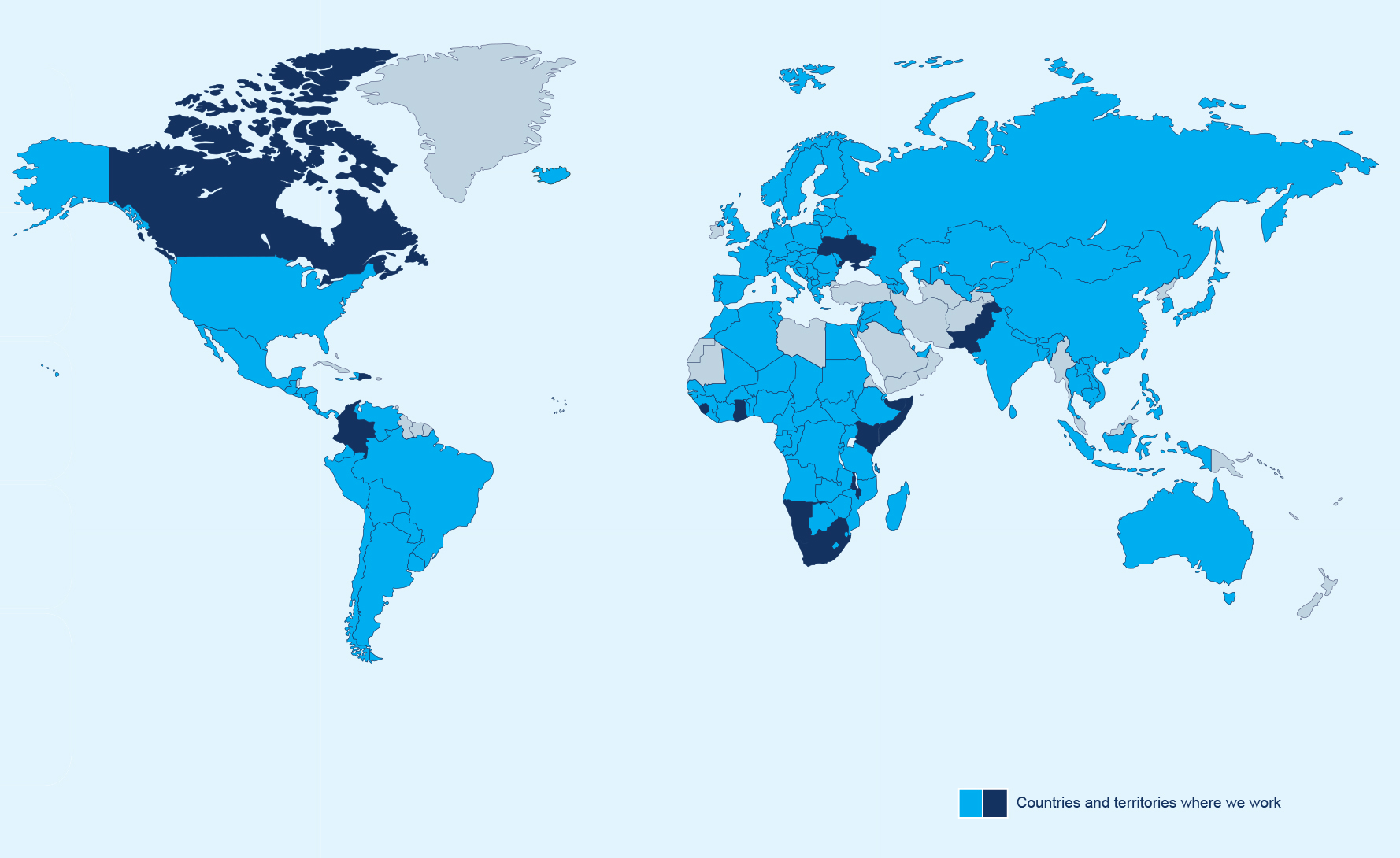 Carte du monde où plus de 130 pays sont mis en évidence indiquant où SOS Villages d'Enfants a des projets.