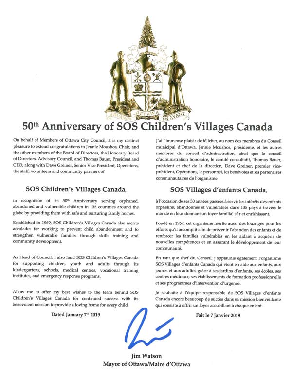 50th anniversary letter from Ottawa Mayor Jim Watson