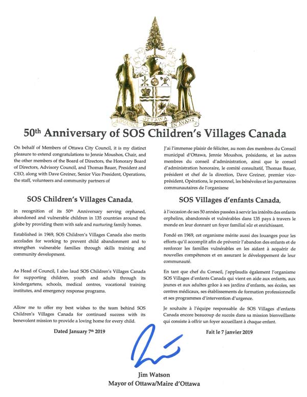 Lettre du 50e anniversaire du maire d'Ottawa, Jim Watson