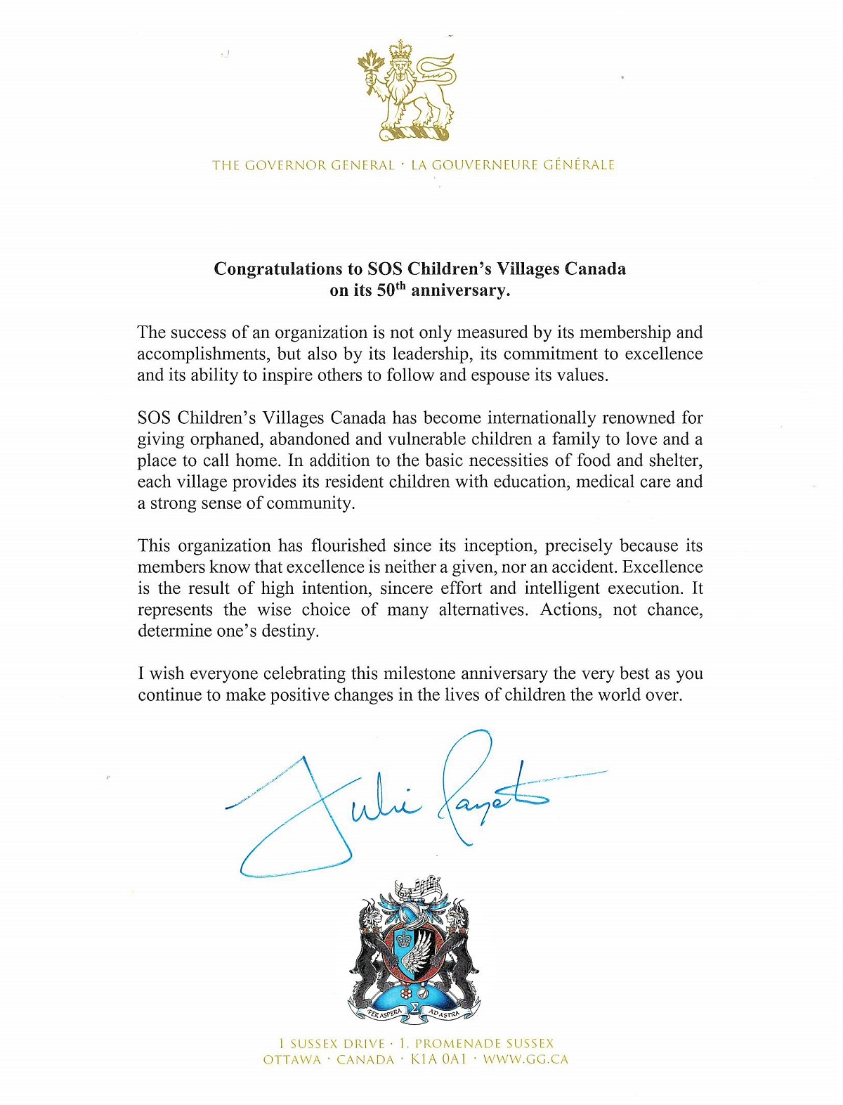Letter from Canada's Governor General Julie Payette