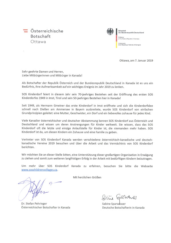 Lettre d'anniversaire des ambassadeurs d'Allemagne et d'Autriche