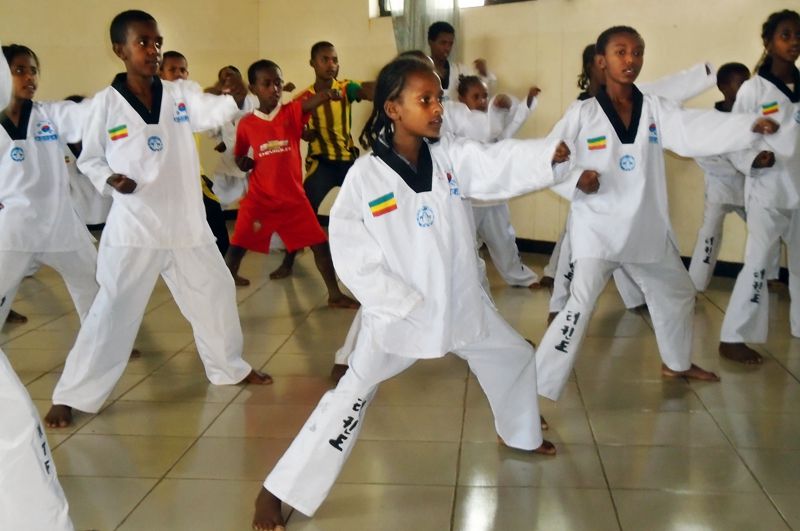 Sponsored girls and boys taking a karate class in Jimma, Ethiopia