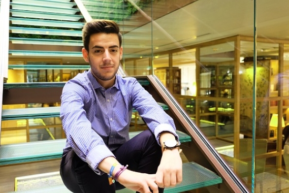 Javier on the stairs at school.