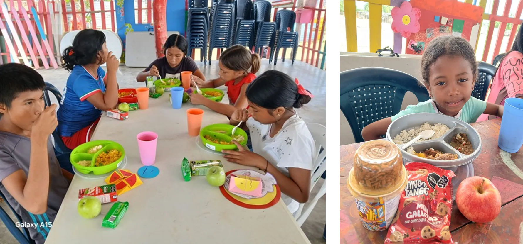 Children eating a nutritious snack at an SOS Children’s Villages child-friendly space in Colombia.  