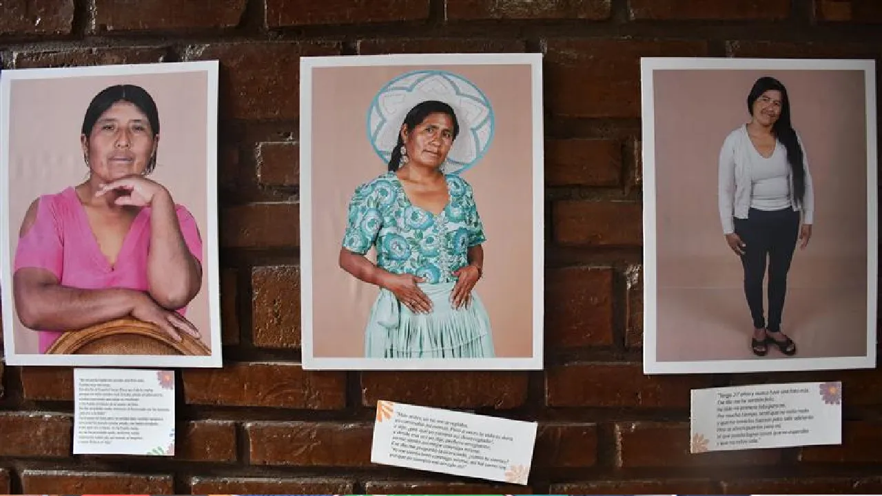 Artwork of Bolivian mothers hanging on a brick wall