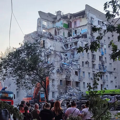 Apartment building beside the SOS Children's Villages Ukraine office that was heavily damaged during the overnight attack in Kyiv.