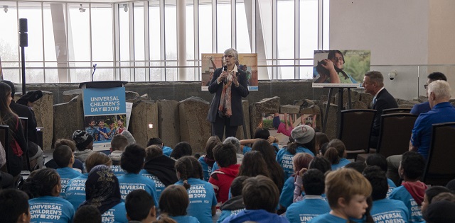 Senator Bovey leading a discussion on children's rights.